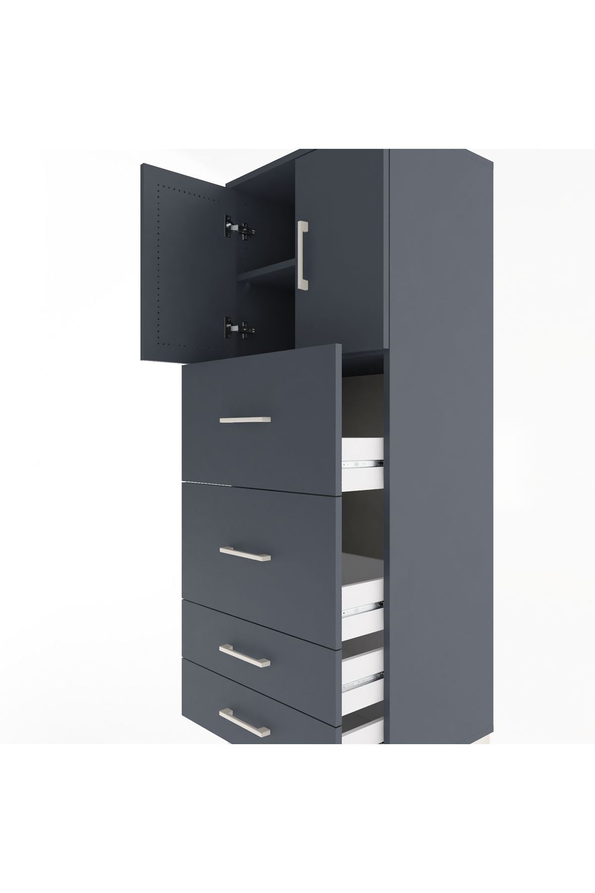 Hyperion Dolap 2 Raflı 4 Çekmeceli 2 Kapaklı 60x44x163 Antrasit-Antrasit