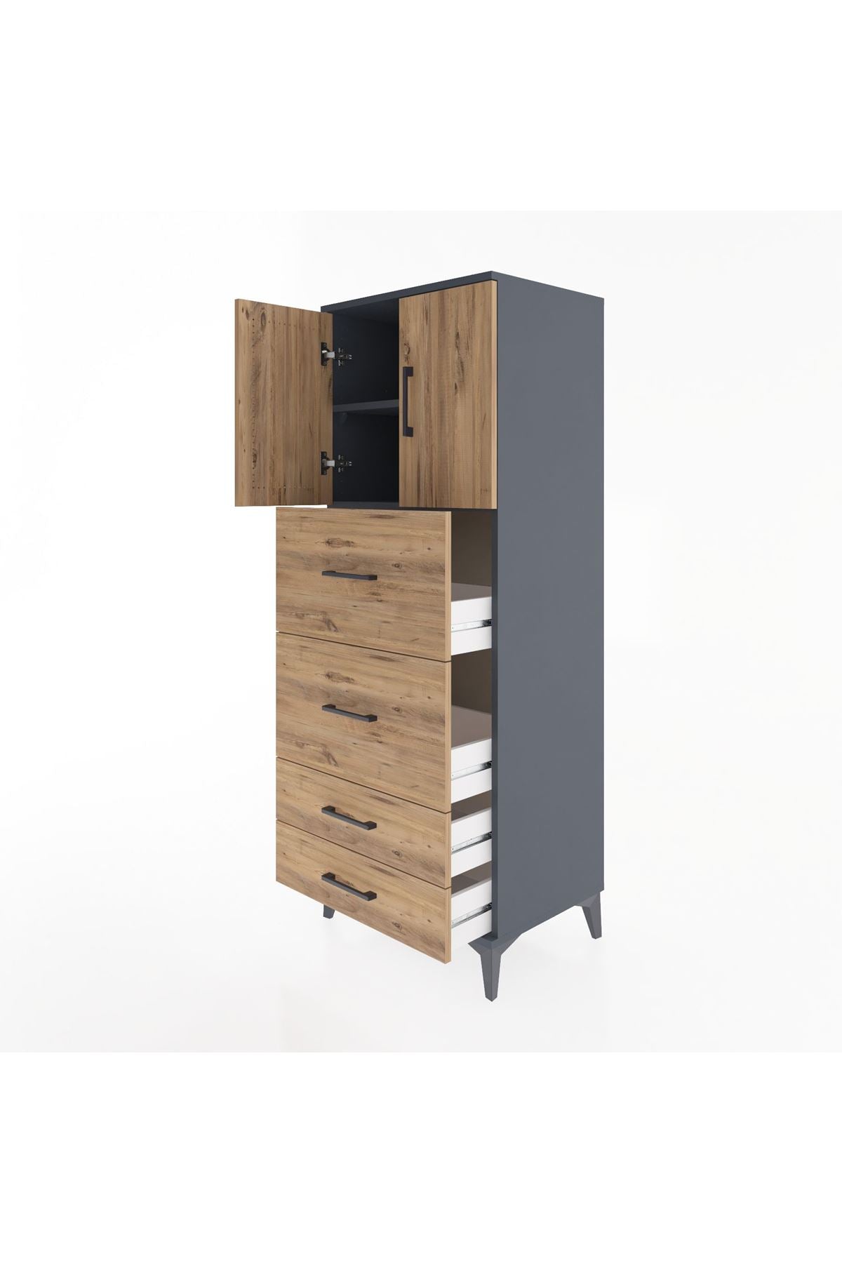 Hyperion Dolap 2 Raflı 4 Çekmeceli 2 Kapaklı 60x44x163 Antrasit-Çam