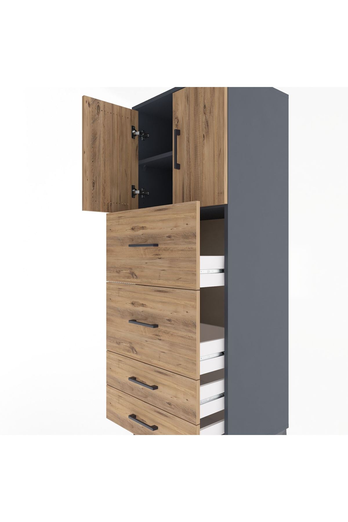 Hyperion Dolap 2 Raflı 4 Çekmeceli 2 Kapaklı 60x44x163 Antrasit-Çam