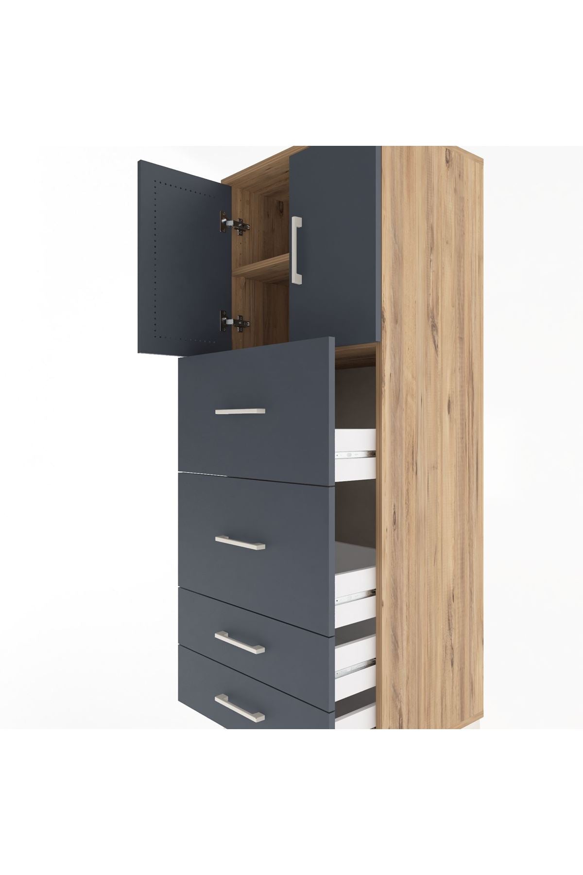 Hyperion Dolap 2 Raflı 4 Çekmeceli 2 Kapaklı 60x44x163 Çam-Antrasit