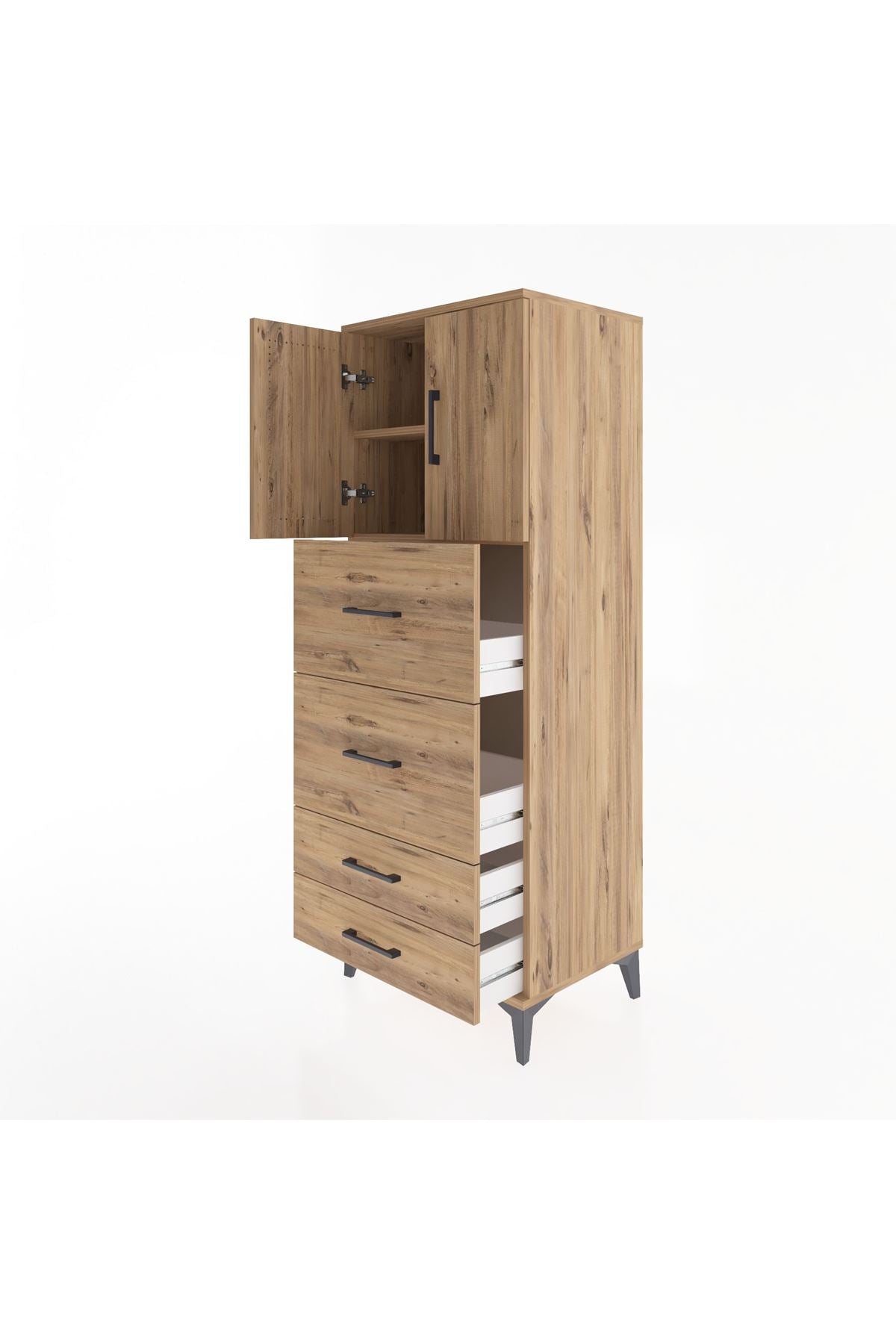 Hyperion Dolap 2 Raflı 4 Çekmeceli 2 Kapaklı 60x44x163 Çam-Çam