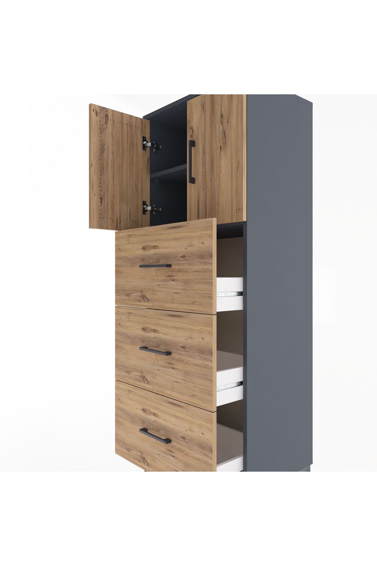 Hyperion Dolap 2 Raflı 3 Çekmeceli 2 Kapaklı 60x44x163 Antrasit-Çam