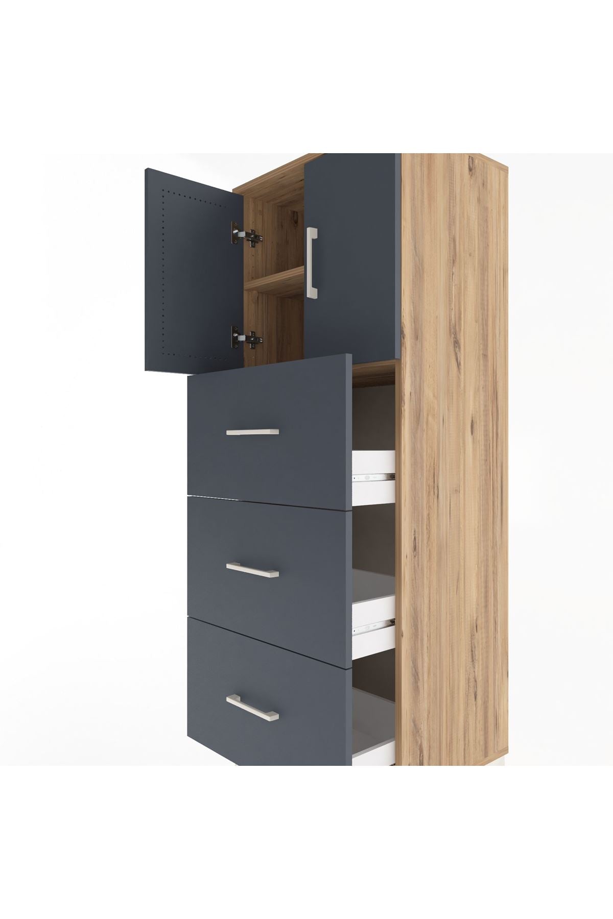 Hyperion Dolap 2 Raflı 3 Çekmeceli 2 Kapaklı 60x44x163 Çam-Antrasit