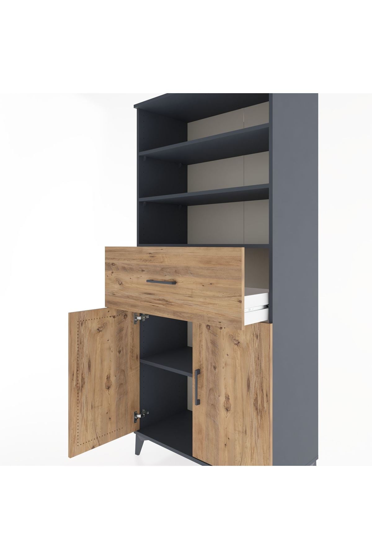 Hyperion Dolap 4 Raflı Tek Çekmeceli 2 Kapaklı 88x44x195 Antrasit-Çam