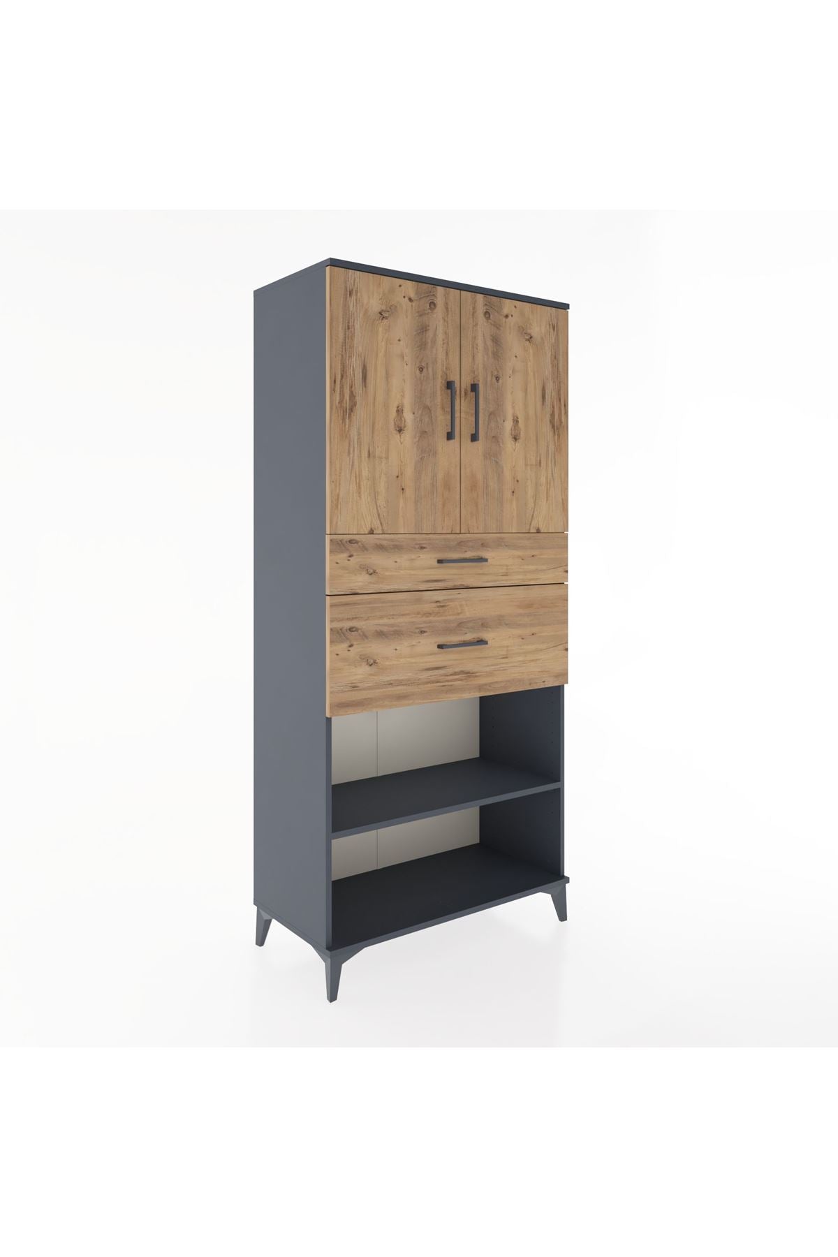 Hyperion Dolap 4 Raflı 2 Çekmeceli 2 Kapaklı 88x44x195 Antrasit-Çam