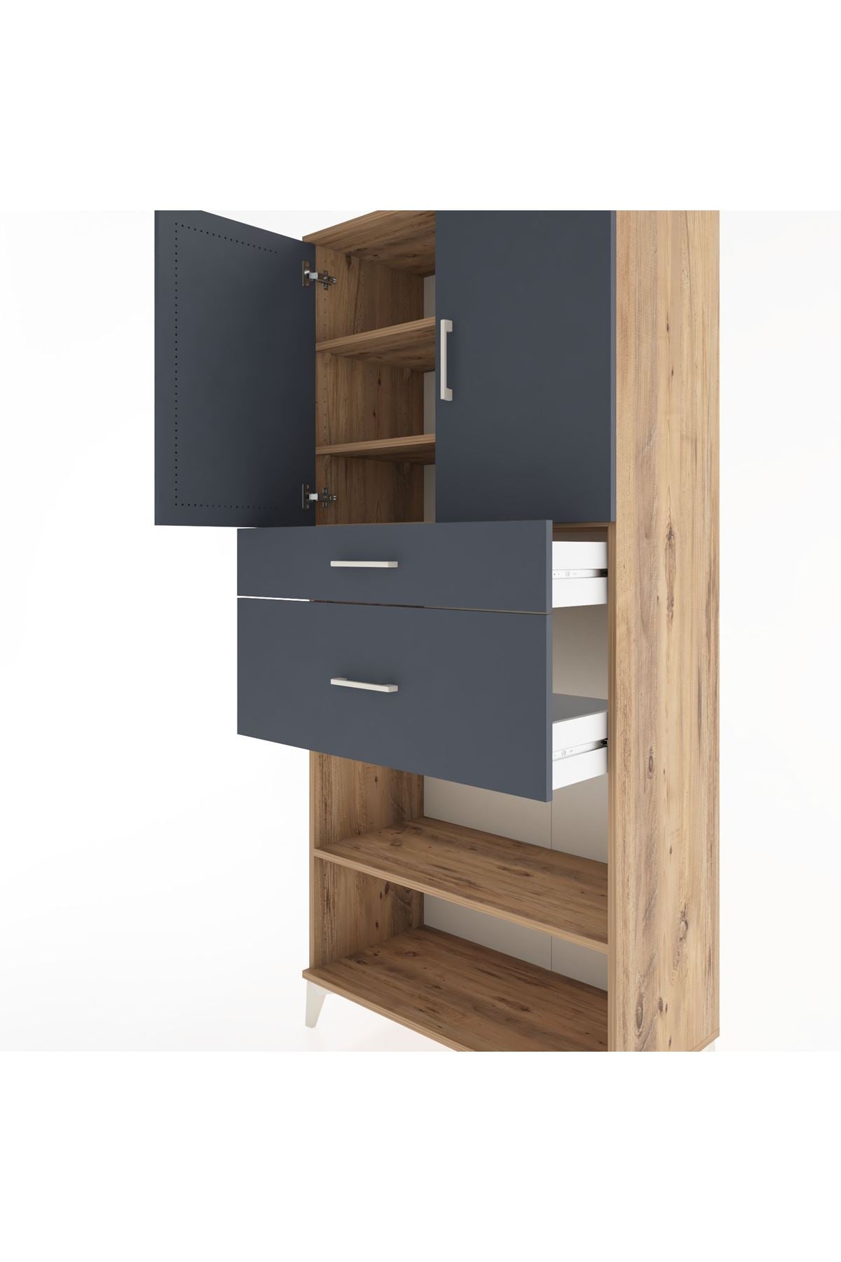 Hyperion Dolap 4 Raflı 2 Çekmeceli 2 Kapaklı 88x44x195 Çam-Antrasit