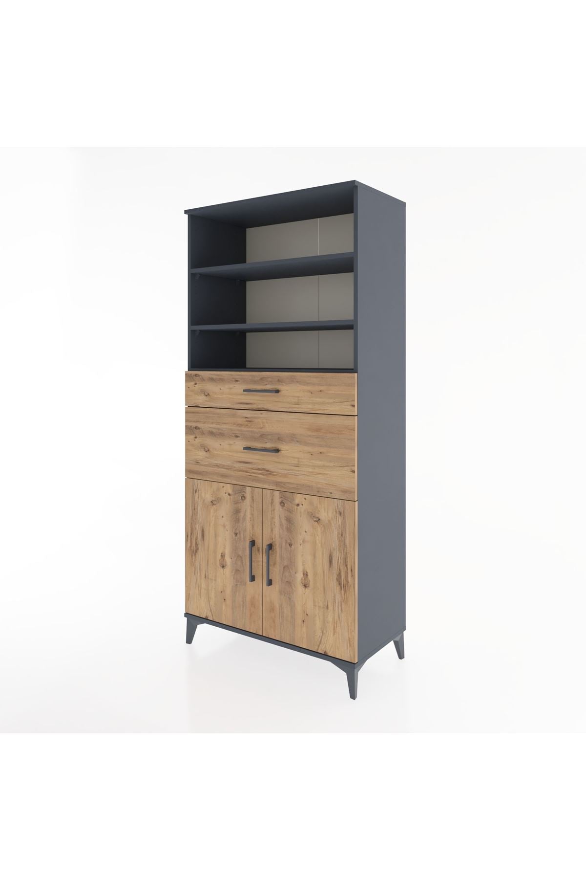 Hyperion Dolap 4 Raflı 2 Çekmeceli 2 Kapaklı 88x44x195 Antrasit-Çam