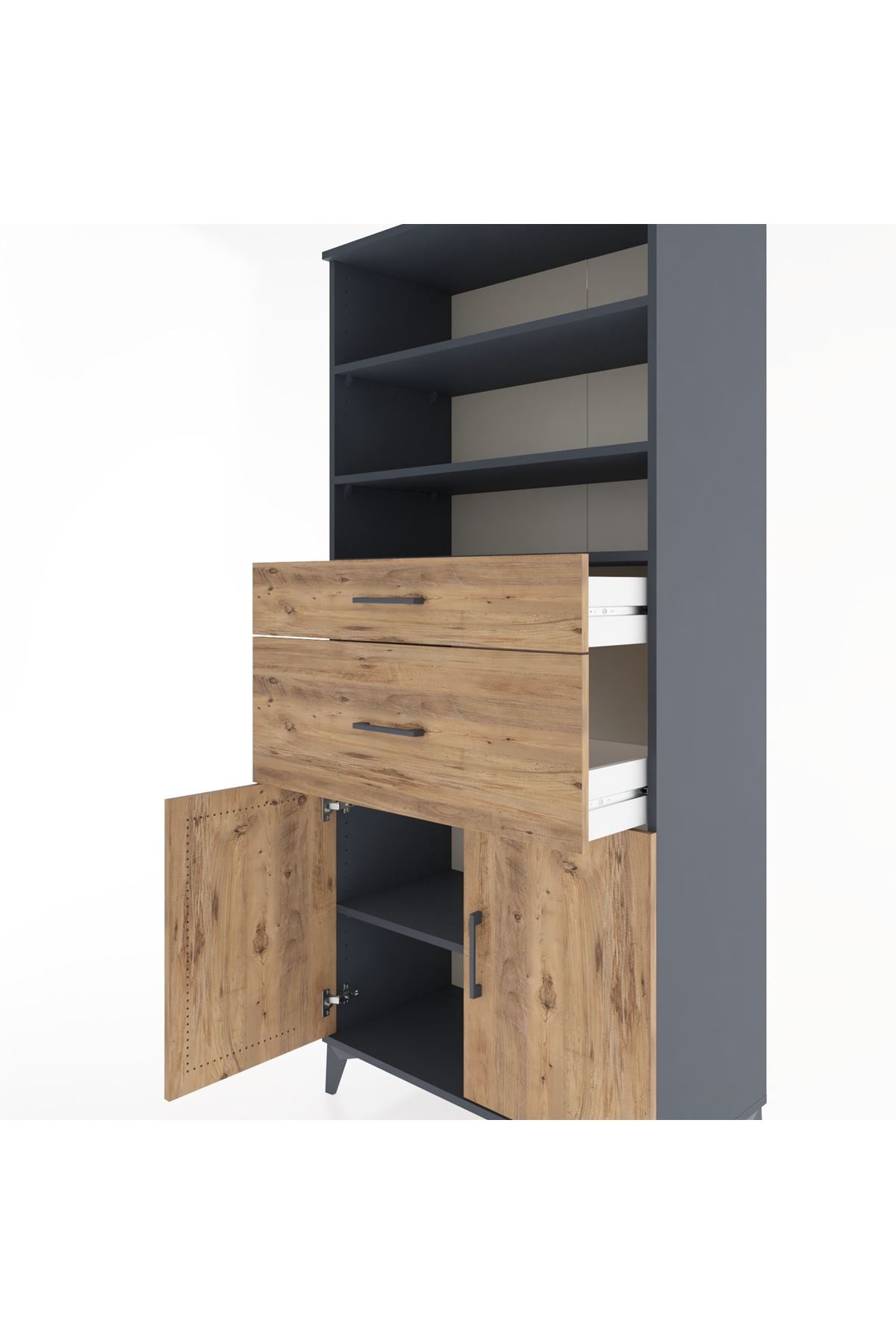 Hyperion Dolap 4 Raflı 2 Çekmeceli 2 Kapaklı 88x44x195 Antrasit-Çam