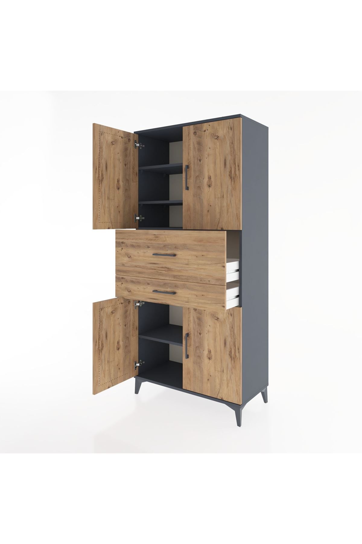 Hyperion Dolap 4 Raflı 2 Çekmeceli 4 Kapaklı 88x44x195 Antrasit-Çam