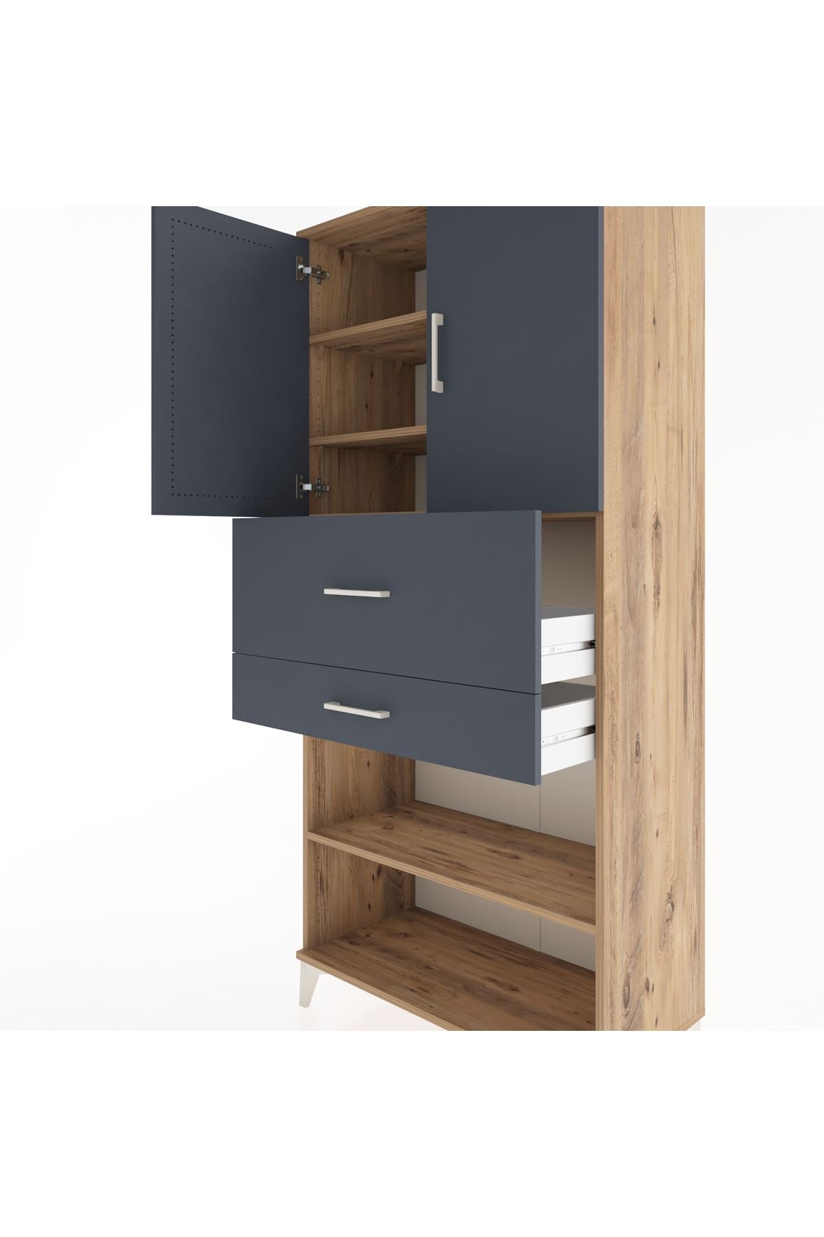 Hyperion Dolap 4 Raflı 2 Çekmeceli 2 Kapaklı 88x44x195 Çam-Antrasit