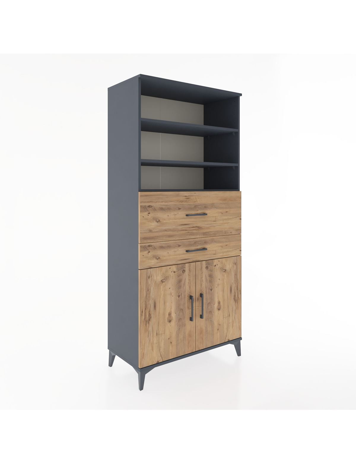 Hyperion Dolap 4 Raflı 2 Çekmeceli 2 Kapaklı 88x44x195 Antrasit-Çam