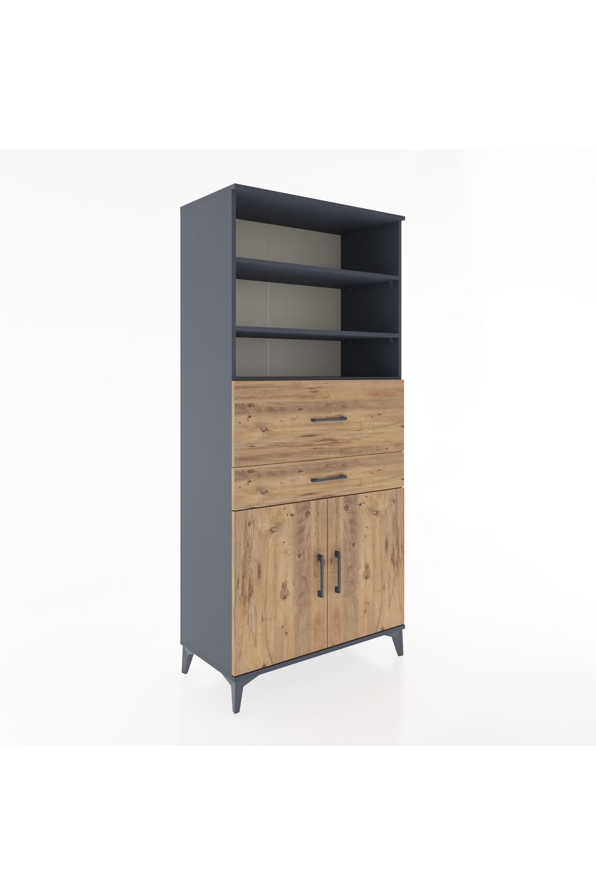 Hyperion Dolap 4 Raflı 2 Çekmeceli 2 Kapaklı 88x44x195 Antrasit-Çam