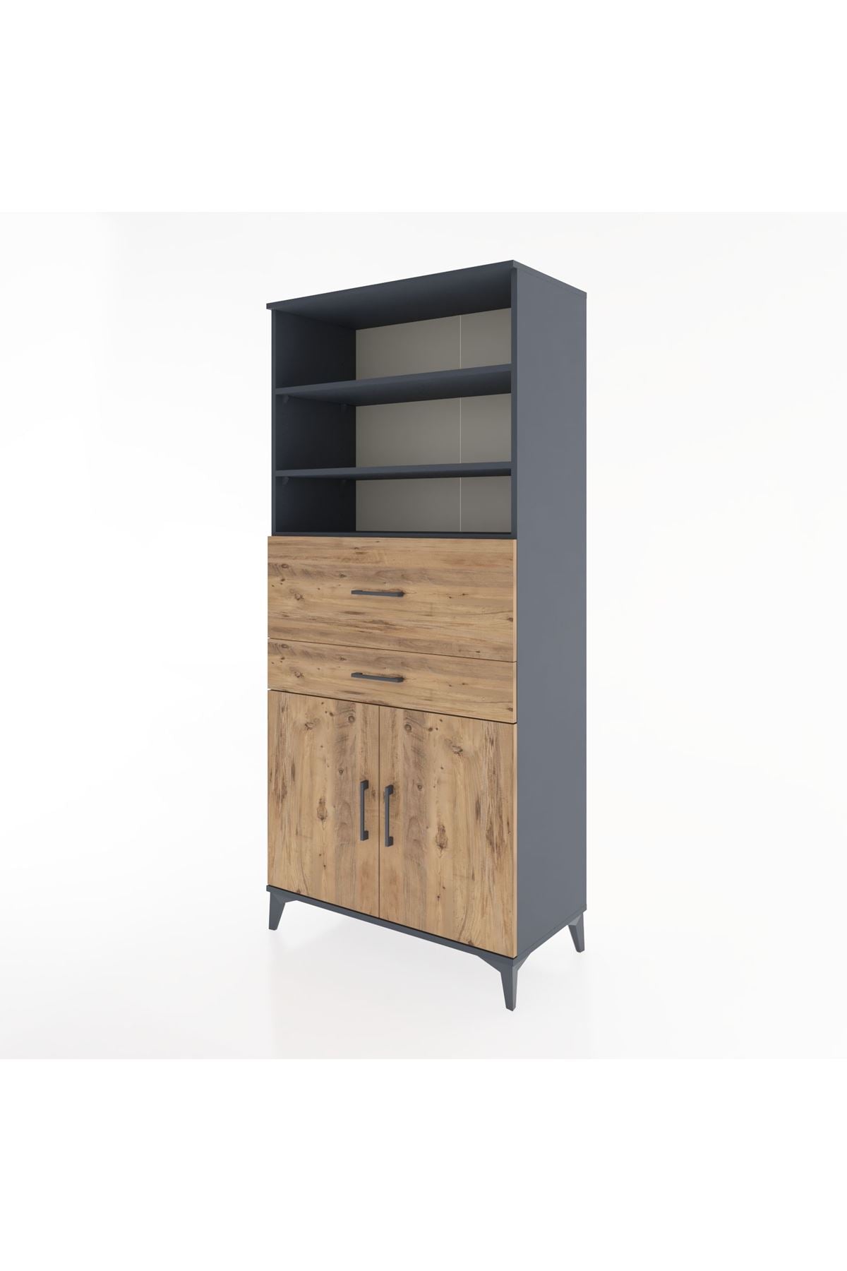 Hyperion Dolap 4 Raflı 2 Çekmeceli 2 Kapaklı 88x44x195 Antrasit-Çam