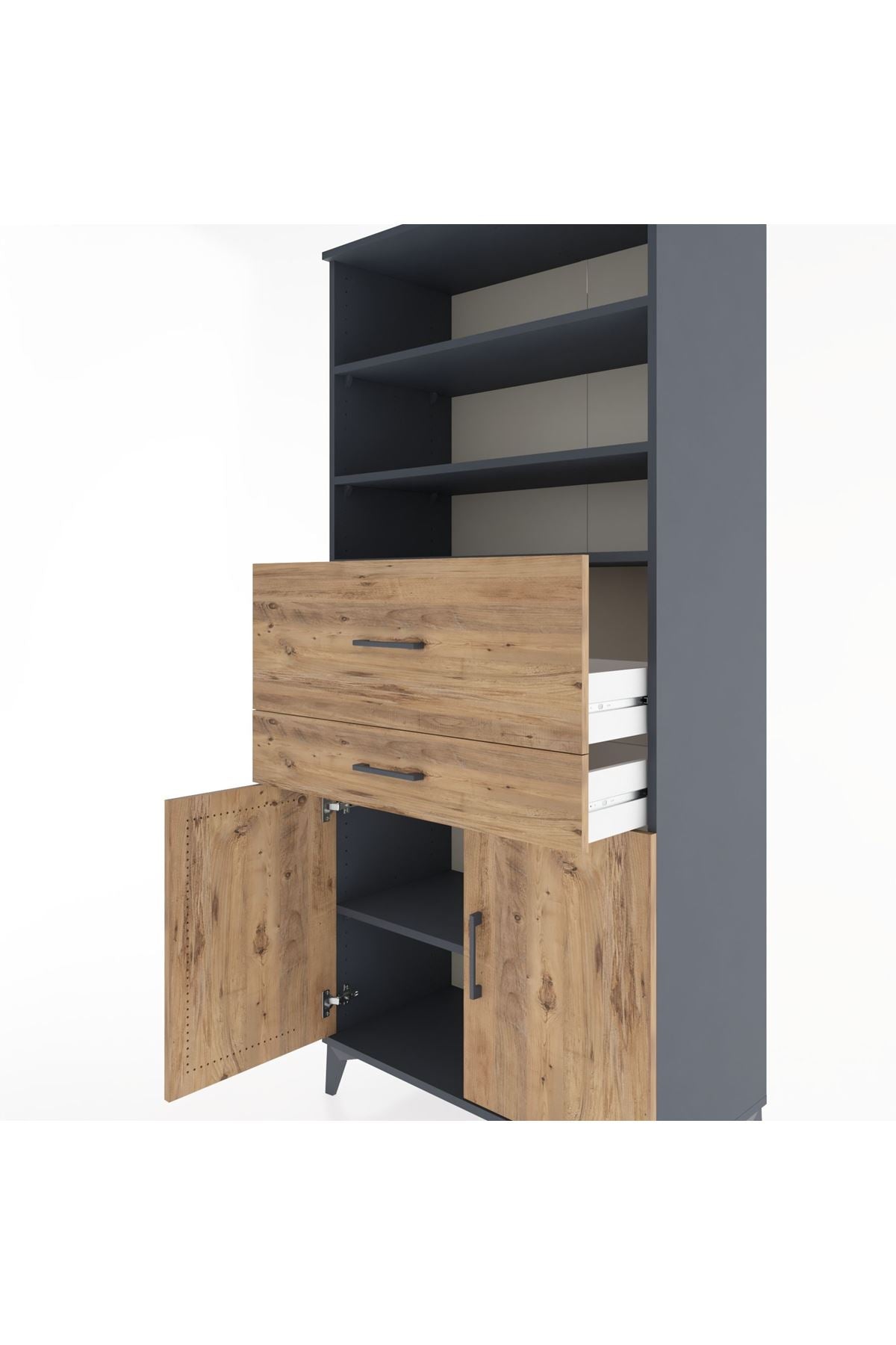 Hyperion Dolap 4 Raflı 2 Çekmeceli 2 Kapaklı 88x44x195 Antrasit-Çam