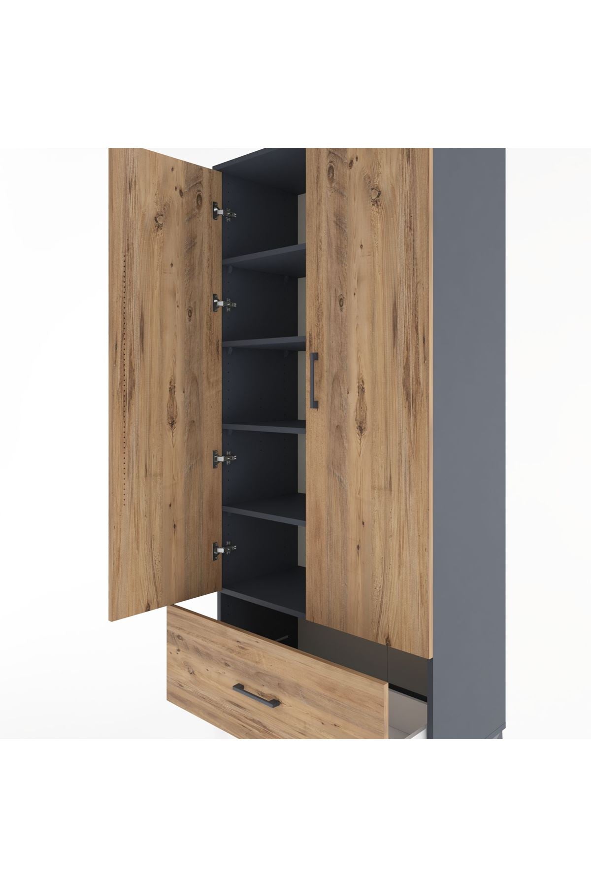 Hyperion Dolap 5 Raflı Tek Çekmeceli 2 Kapaklı 88x44x195 Antrasit-Çam