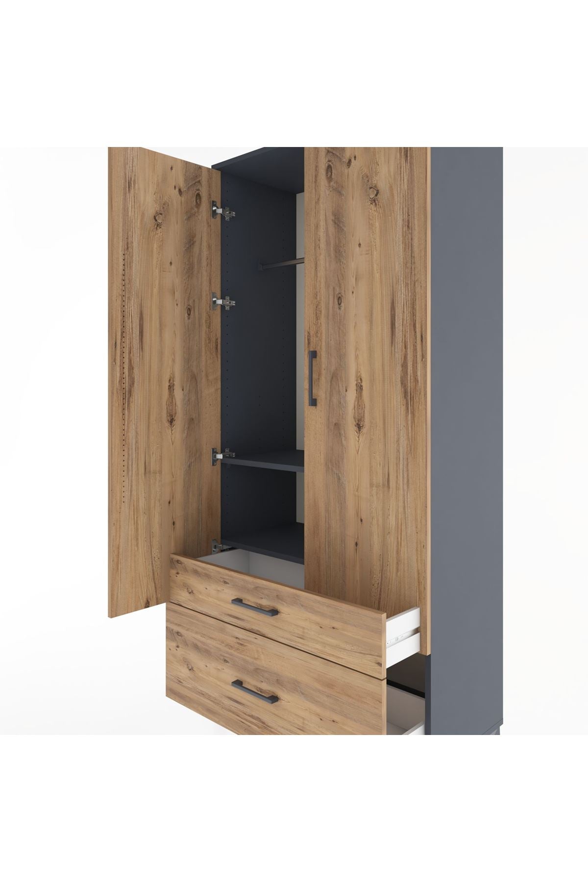 Hyperion Dolap 2 Raflı 2 Çekmeceli Tek Askılı 88x44x195 Antrasit-Çam