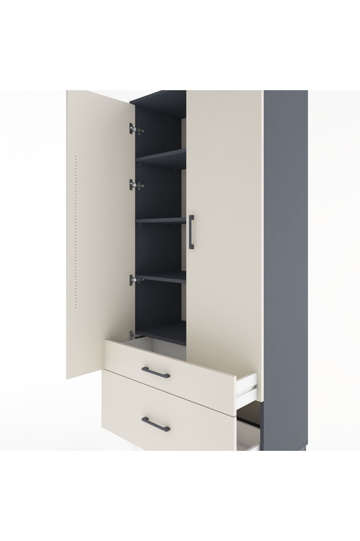 Hyperion Dolap 4 Raflı 2 Çekmeceli 2 Kapaklı 88x44x195 Antrasit-Aytaşı