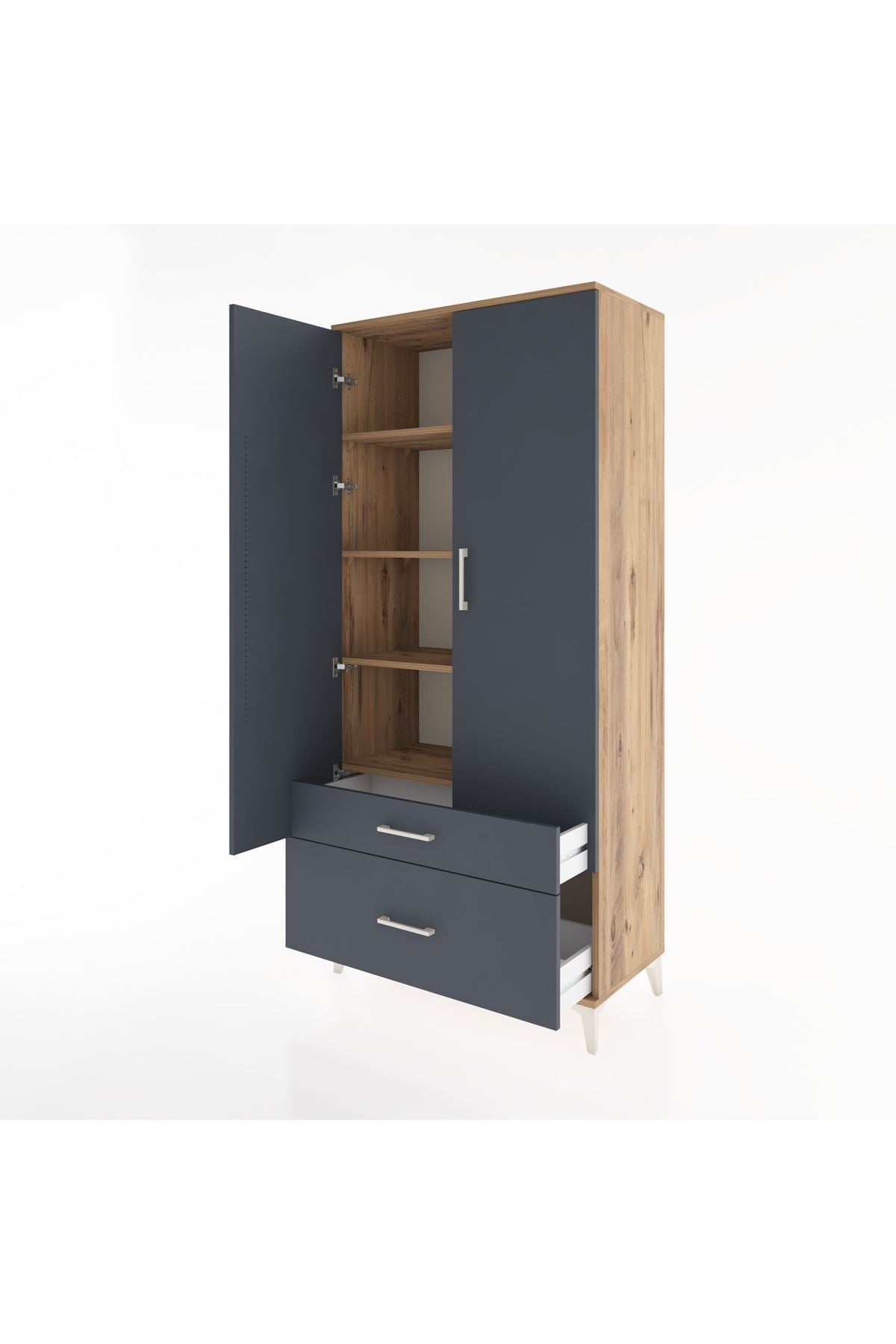 Hyperion Dolap 4 Raflı 2 Çekmeceli 2 Kapaklı 88x44x195 Çam-Antrasit