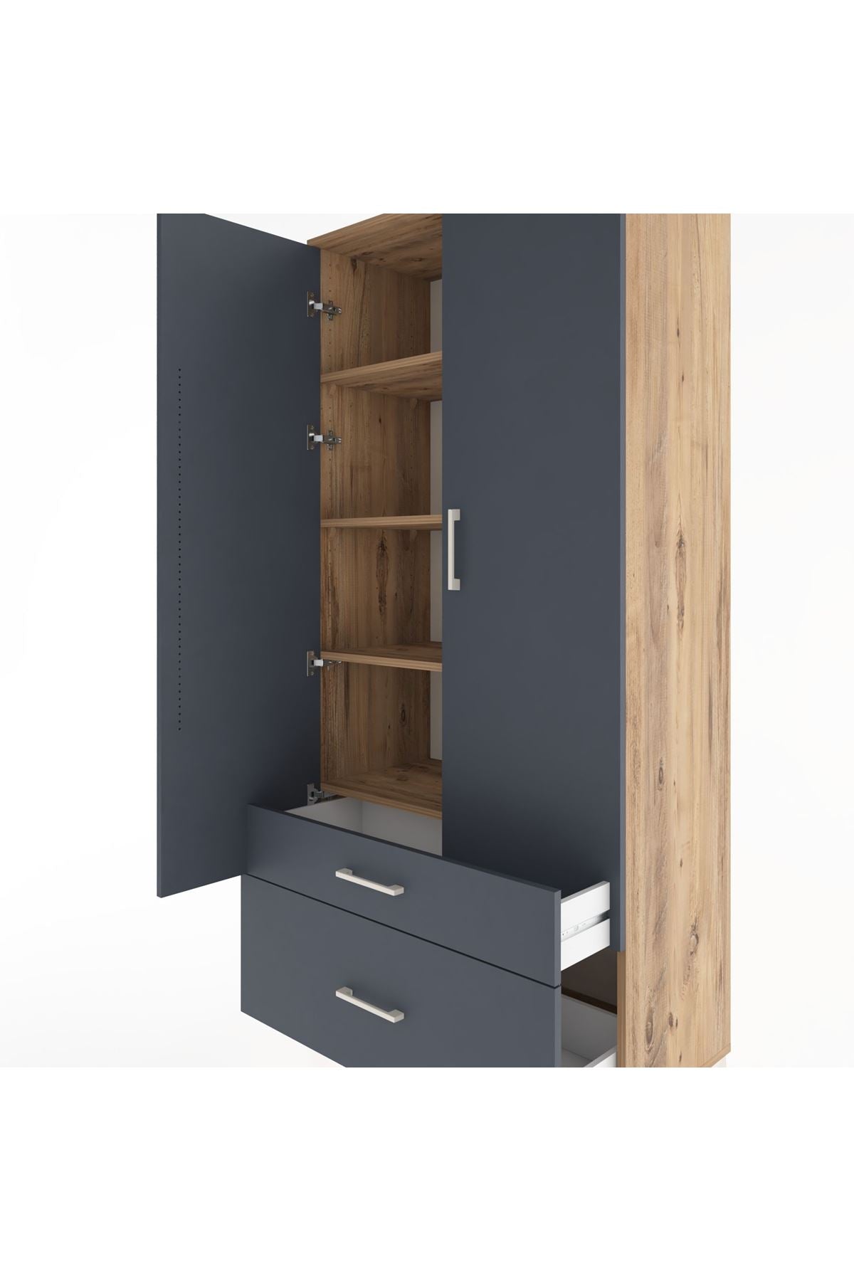 Hyperion Dolap 4 Raflı 2 Çekmeceli 2 Kapaklı 88x44x195 Çam-Antrasit