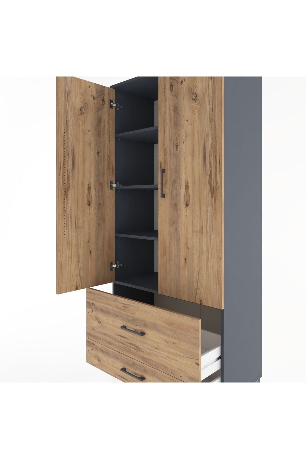 Hyperion Dolap 4 Raflı 2 Çekmeceli 2 Kapaklı 88x44x195 Antrasit-Çam