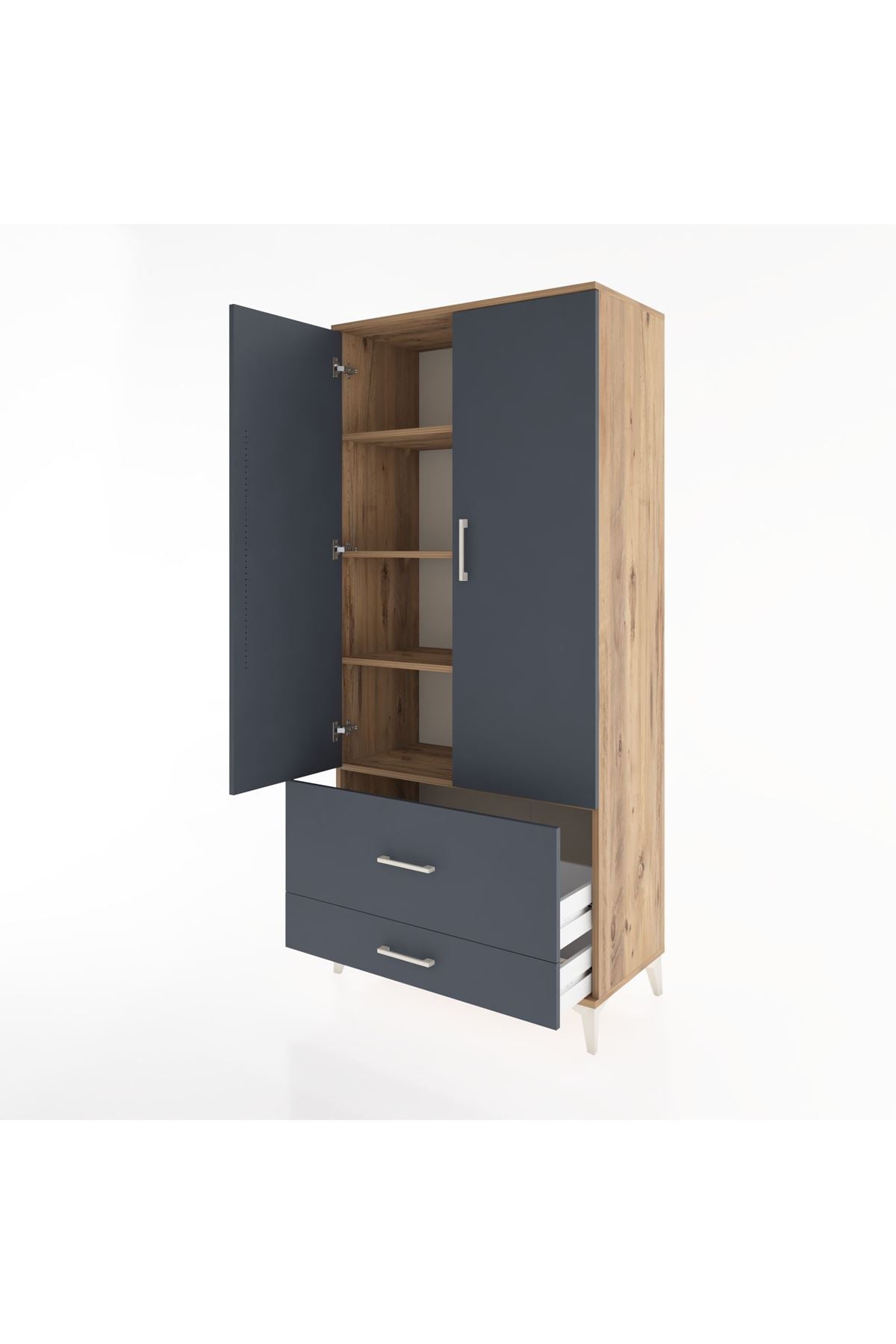 Hyperion Dolap 4 Raflı 2 Çekmeceli 2 Kapaklı 88x44x195 Çam-Antrasit