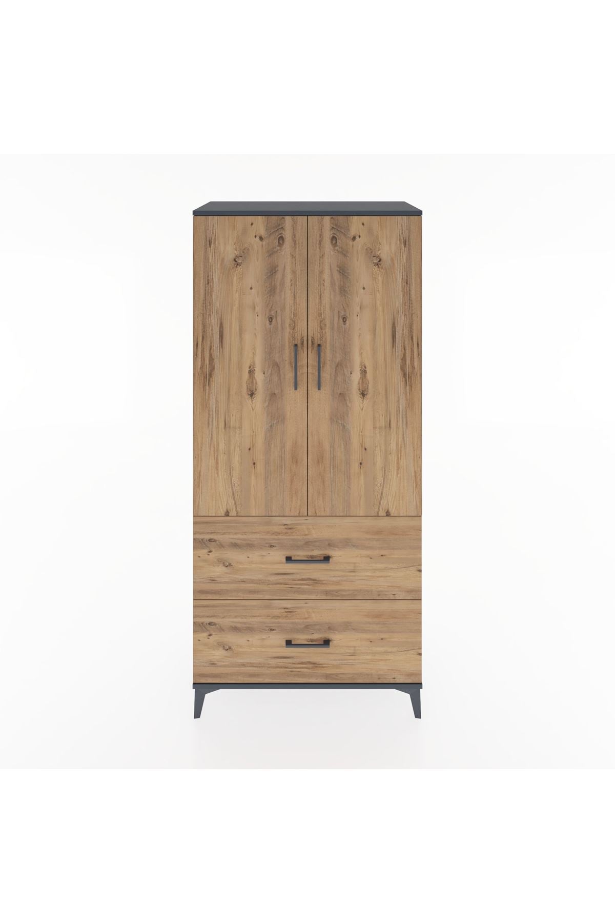 Hyperion Dolap 2 Raflı 2 Çekmeceli 2 Kapaklı 88x44x195 Antrasit-Çam