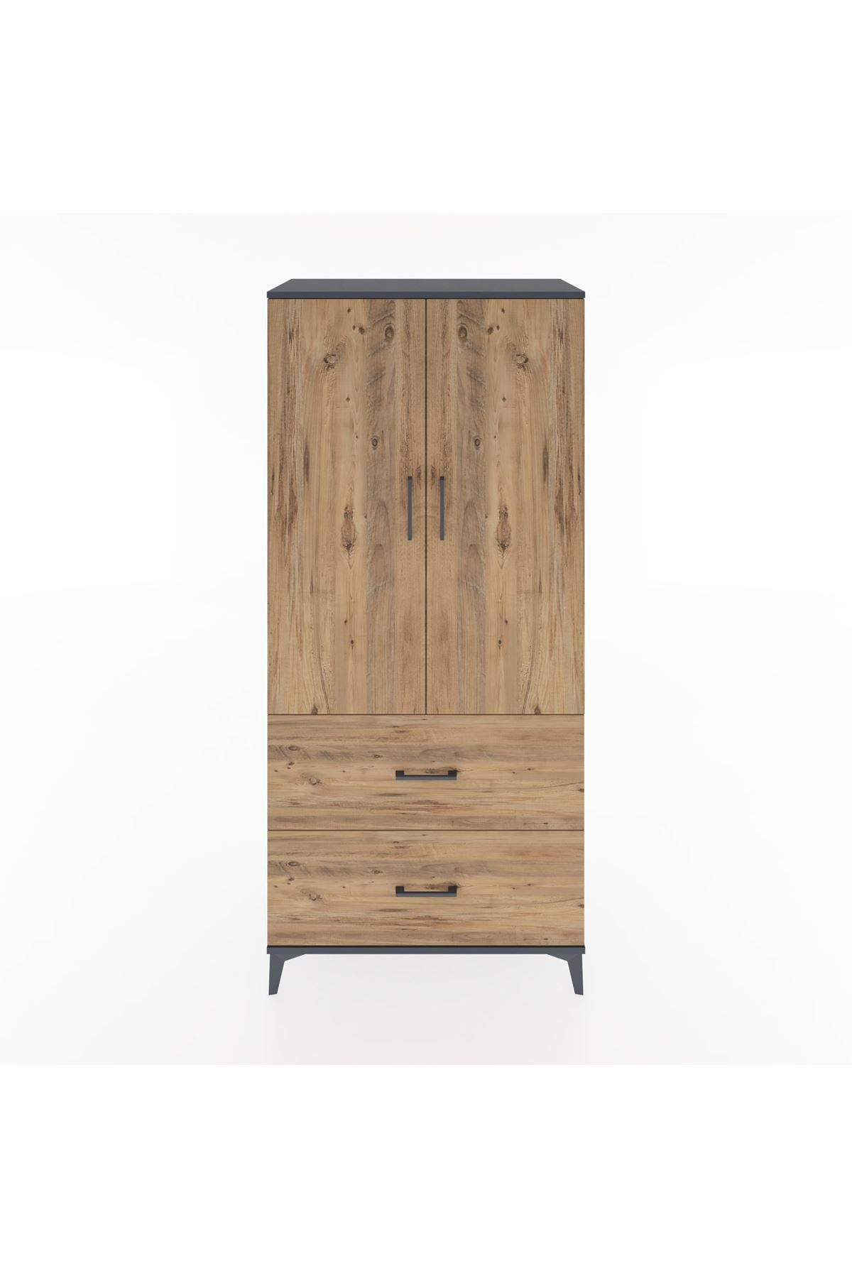 Hyperion Dolap 4 Raflı 2 Çekmeceli 2 Kapaklı 88x44x195 Antrasit-Çam