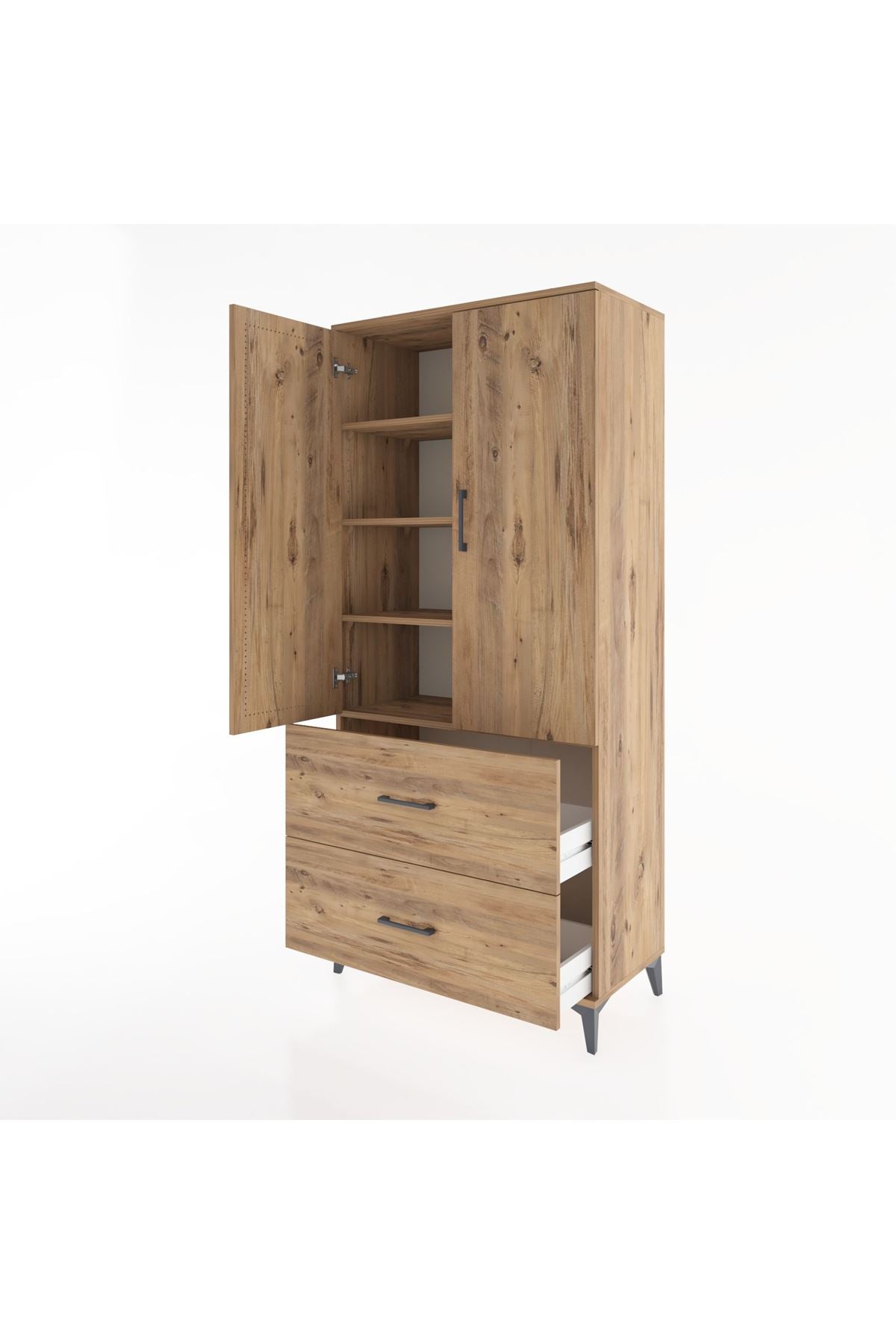 Hyperion Dolap 4 Raflı 2 Çekmeceli 2 Kapaklı 88x44x195 Çam-Çam