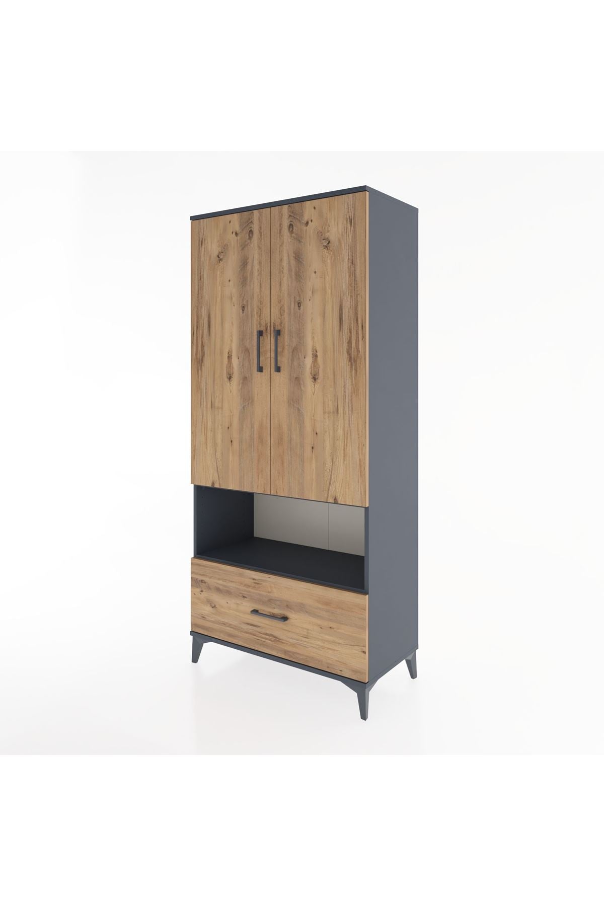 Hyperion Dolap 3 Raflı Tek Çekmeceli Tek Askılı 88x44x195 Antrasit-Çam