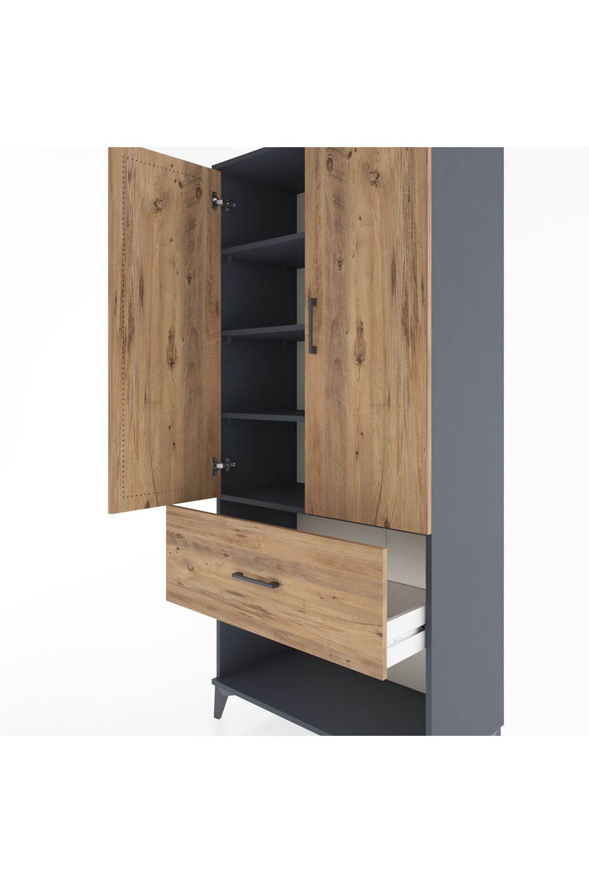 Hyperion Dolap 4 Raflı Tek Çekmeceli 2 Kapaklı 88x44x195 Antrasit-Çam