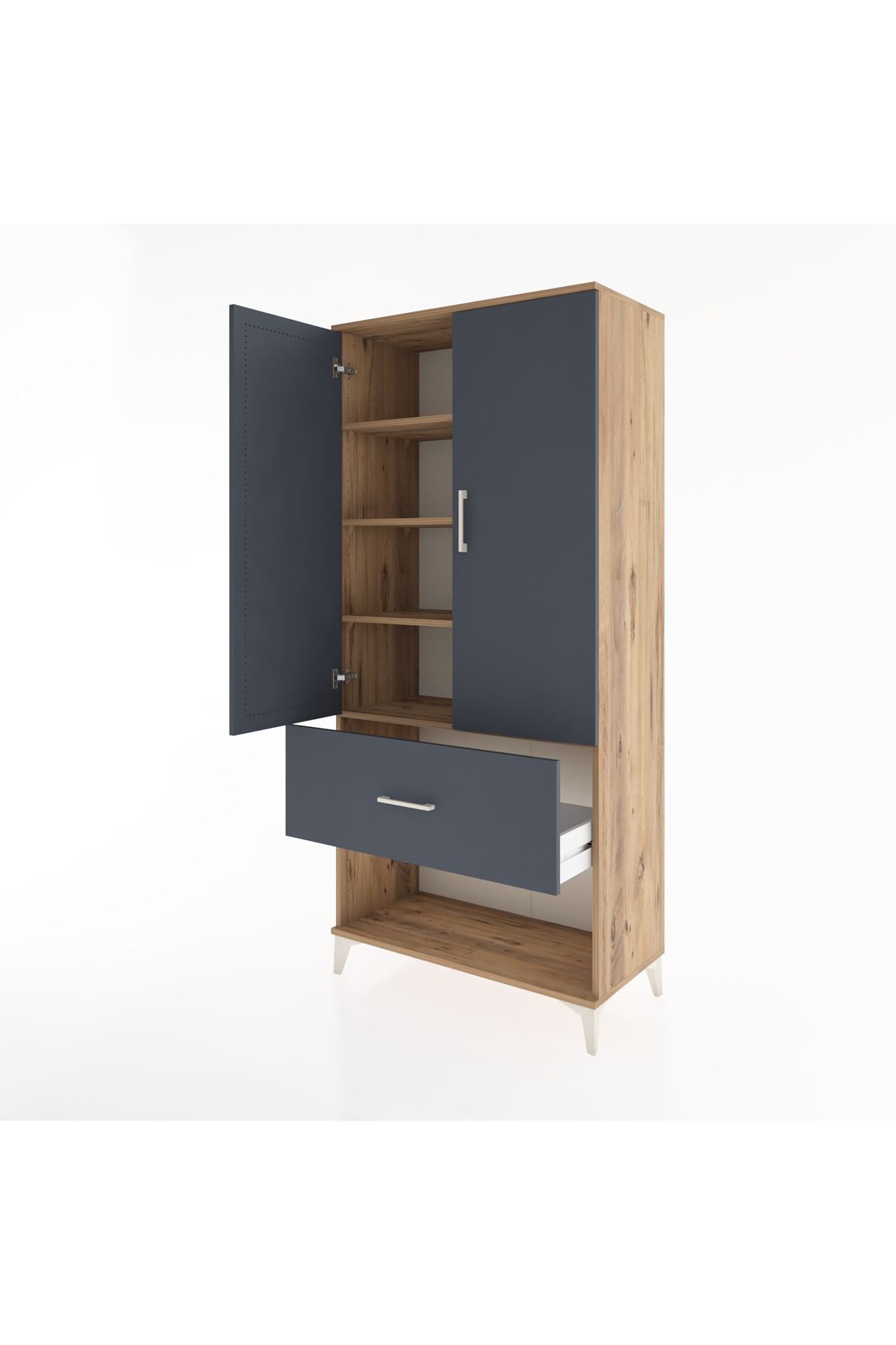 Hyperion Dolap 4 Raflı Tek Çekmeceli 2 Kapaklı 88x44x195 Çam-Antrasit