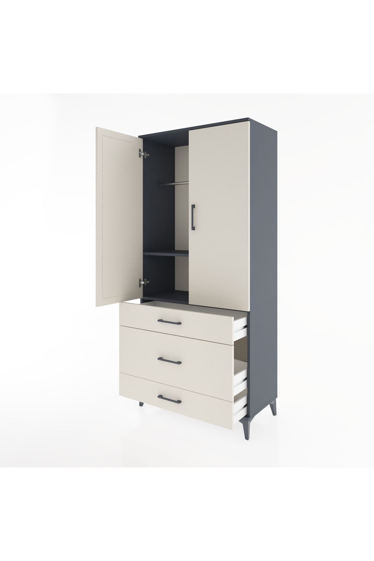 Hyperion Dolap 2 Raflı 3 Çekmeceli Tek Askılı 88x44x195 Antrasit-Aytaşı