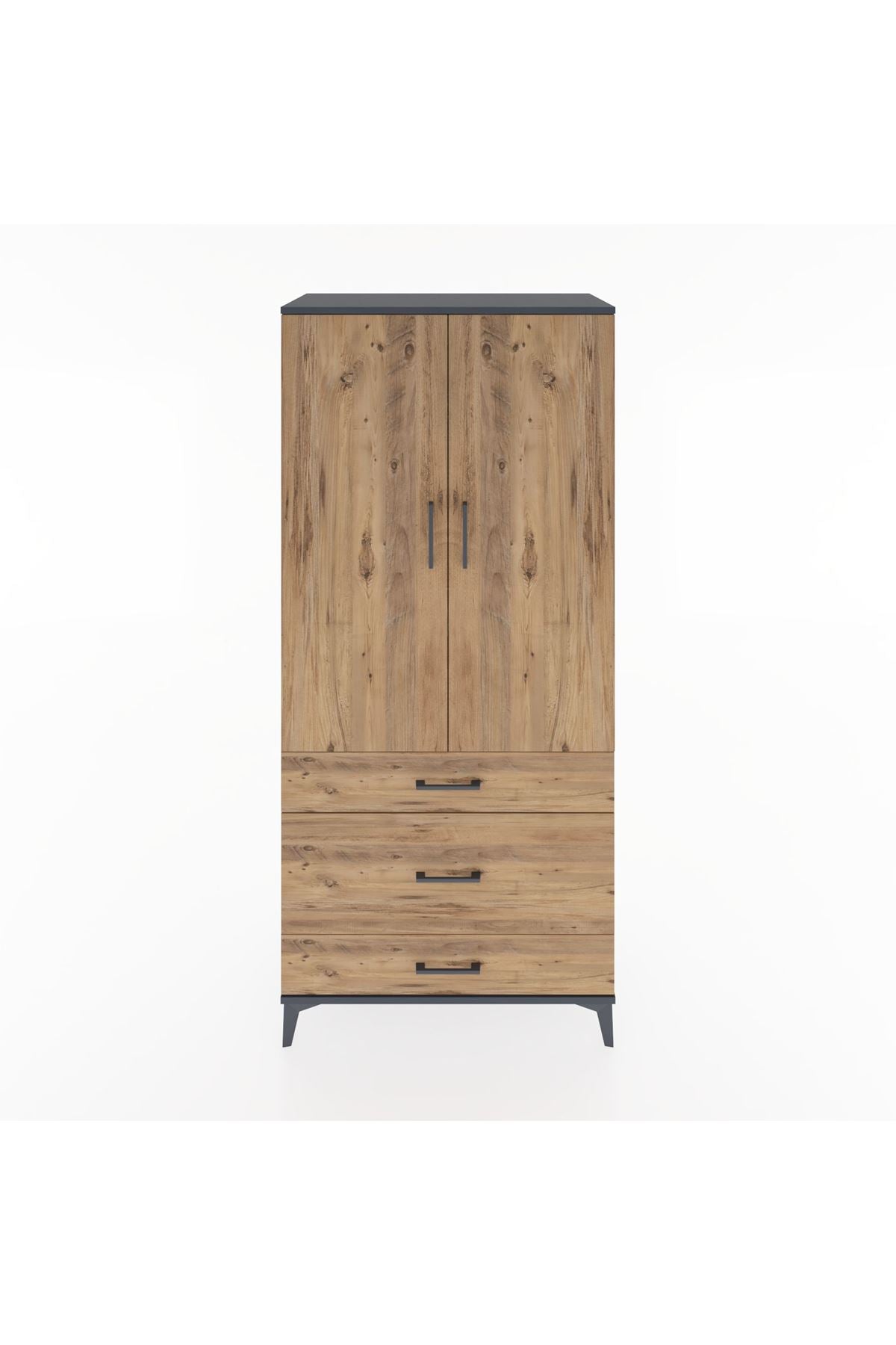 Hyperion Dolap 2 Raflı 3 Çekmeceli Tek Askılı 88x44x195 Antrasit-Çam