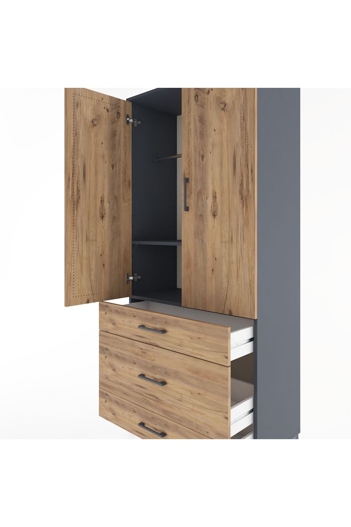 Hyperion Dolap 2 Raflı 3 Çekmeceli Tek Askılı 88x44x195 Antrasit-Çam