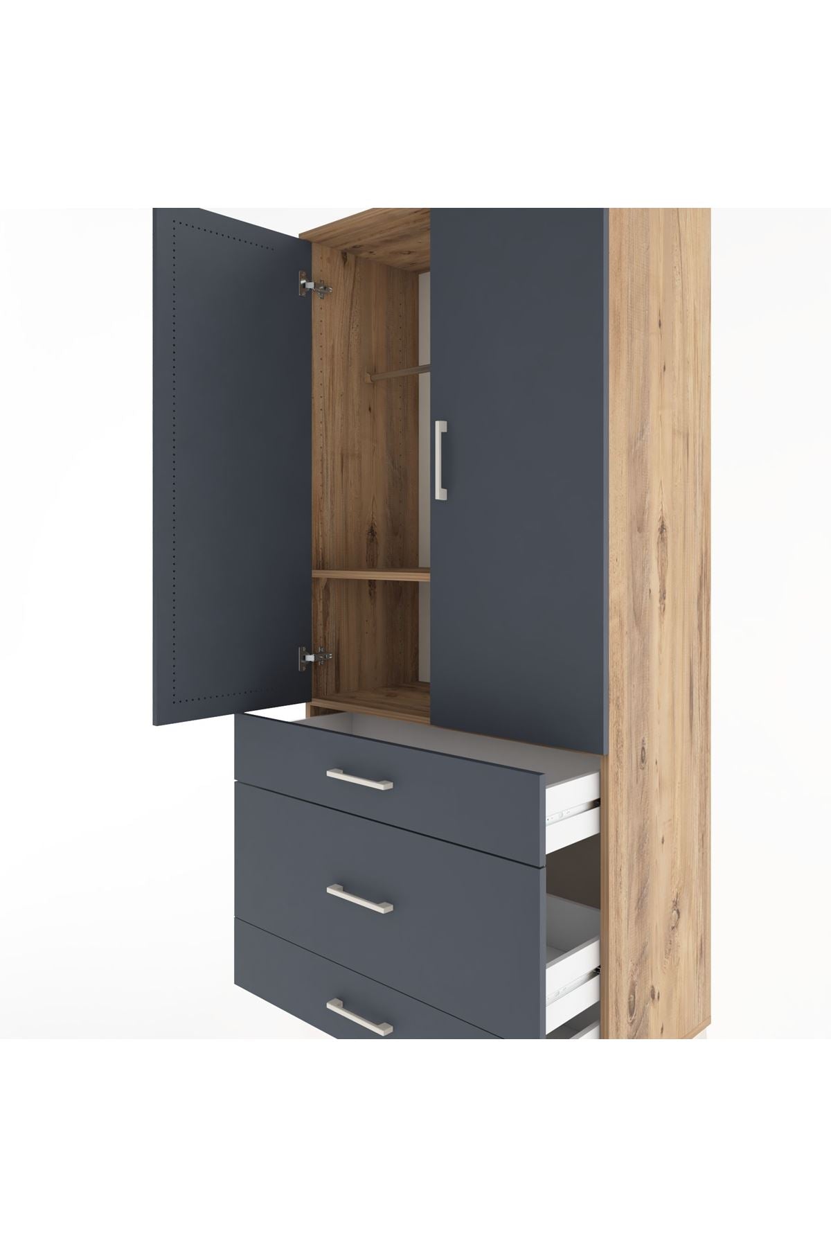 Hyperion Dolap 2 Raflı 3 Çekmeceli Tek Askılı 88x44x195 Çam-Antrasit