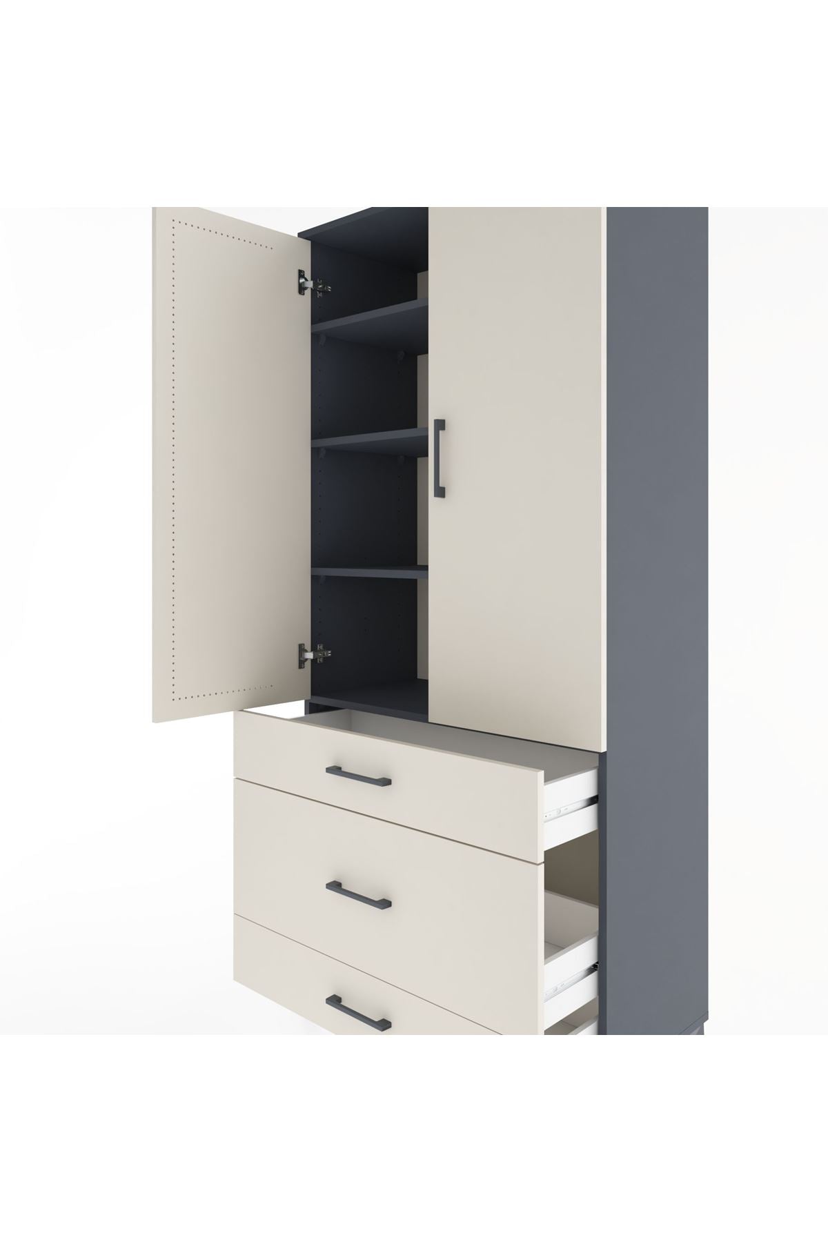 Hyperion Dolap 4 Raflı 3 Çekmeceli 2 Kapaklı 88x44x195 Antrasit-Aytaşı