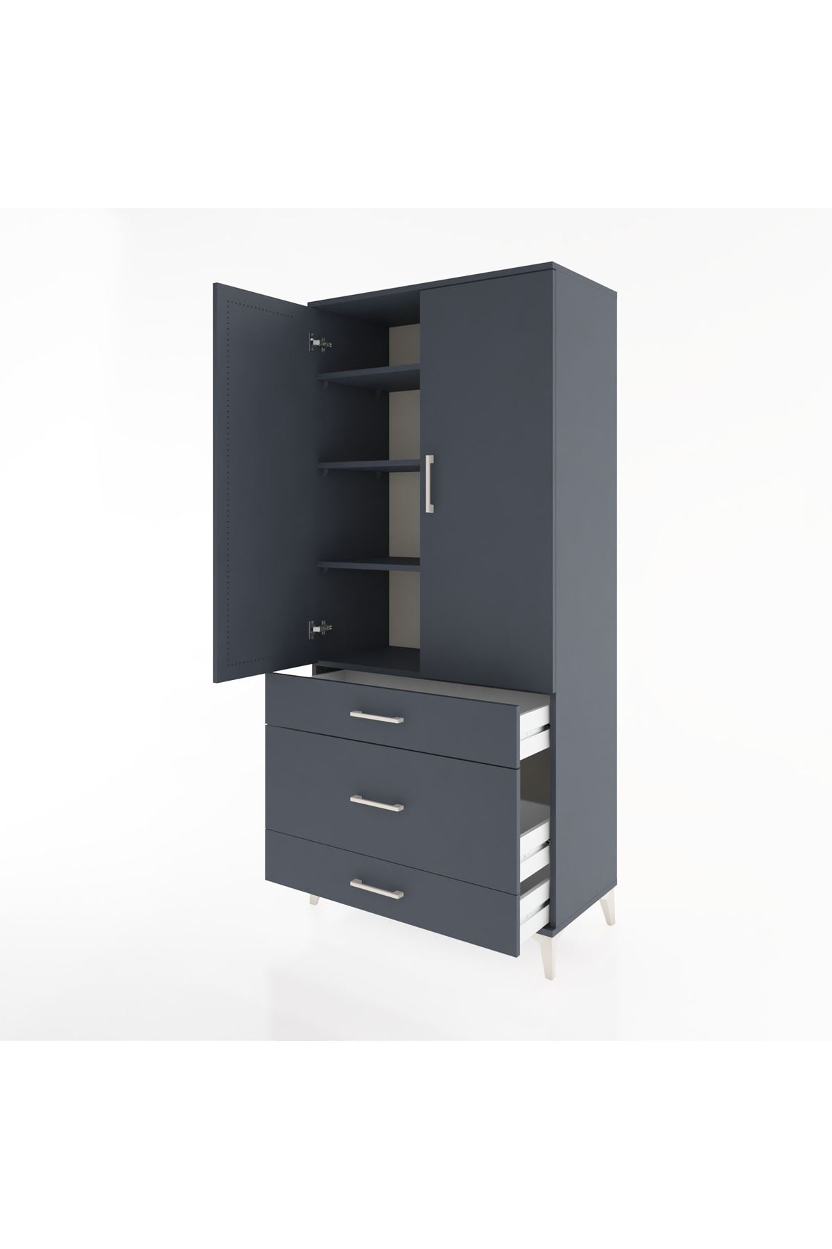 Hyperion Dolap 4 Raflı 3 Çekmeceli 2 Kapaklı 88x44x195 Antrasit-Antrasit
