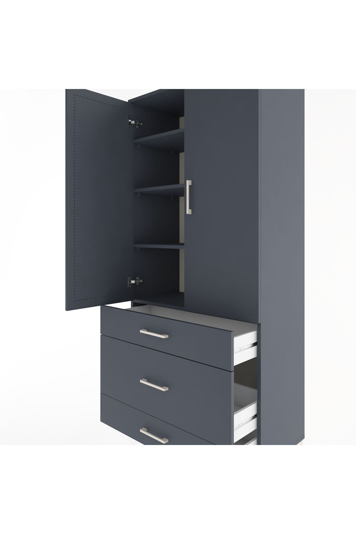 Hyperion Dolap 4 Raflı 3 Çekmeceli 2 Kapaklı 88x44x195 Antrasit-Antrasit