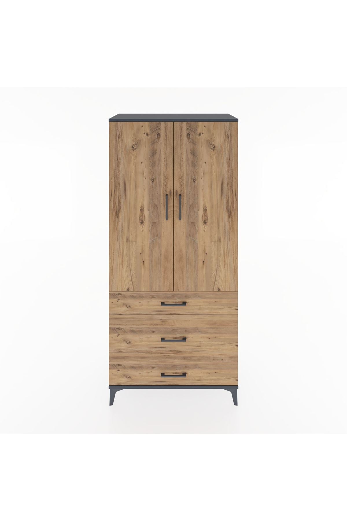 Hyperion Dolap 4 Raflı 3 Çekmeceli 2 Kapaklı 88x44x195 Antrasit-Çam