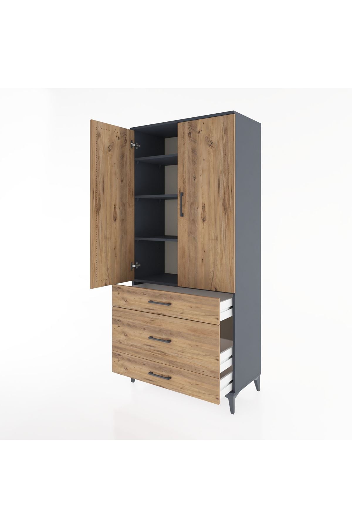 Hyperion Dolap 4 Raflı 3 Çekmeceli 2 Kapaklı 88x44x195 Antrasit-Çam
