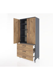 Hyperion Dolap 4 Raflı 3 Çekmeceli 2 Kapaklı 88x44x195 Antrasit-Çam