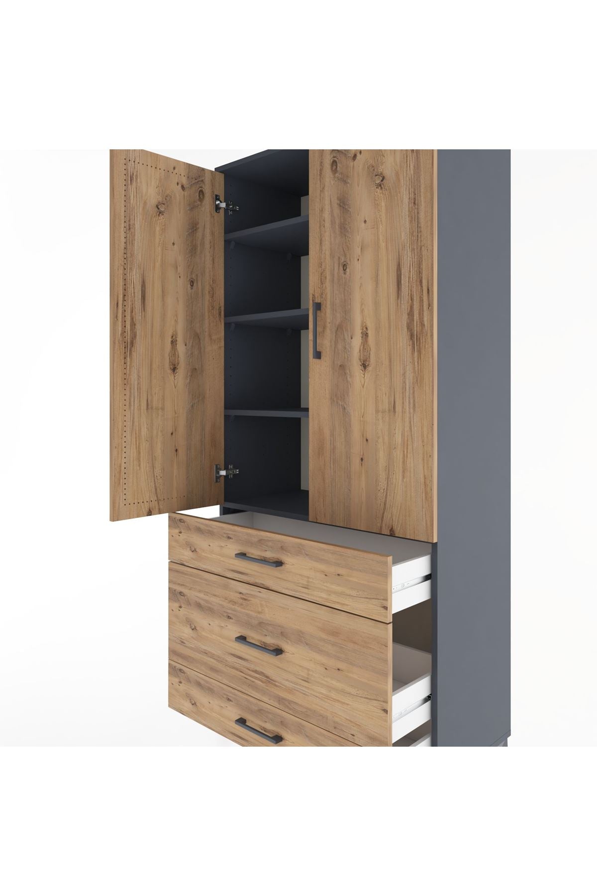 Hyperion Dolap 4 Raflı 3 Çekmeceli 2 Kapaklı 88x44x195 Antrasit-Çam