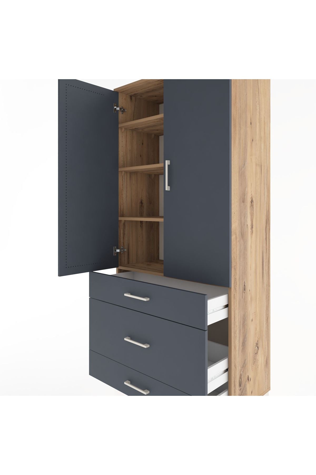 Hyperion Dolap 4 Raflı 3 Çekmeceli 2 Kapaklı 88x44x195 Çam-Antrasit