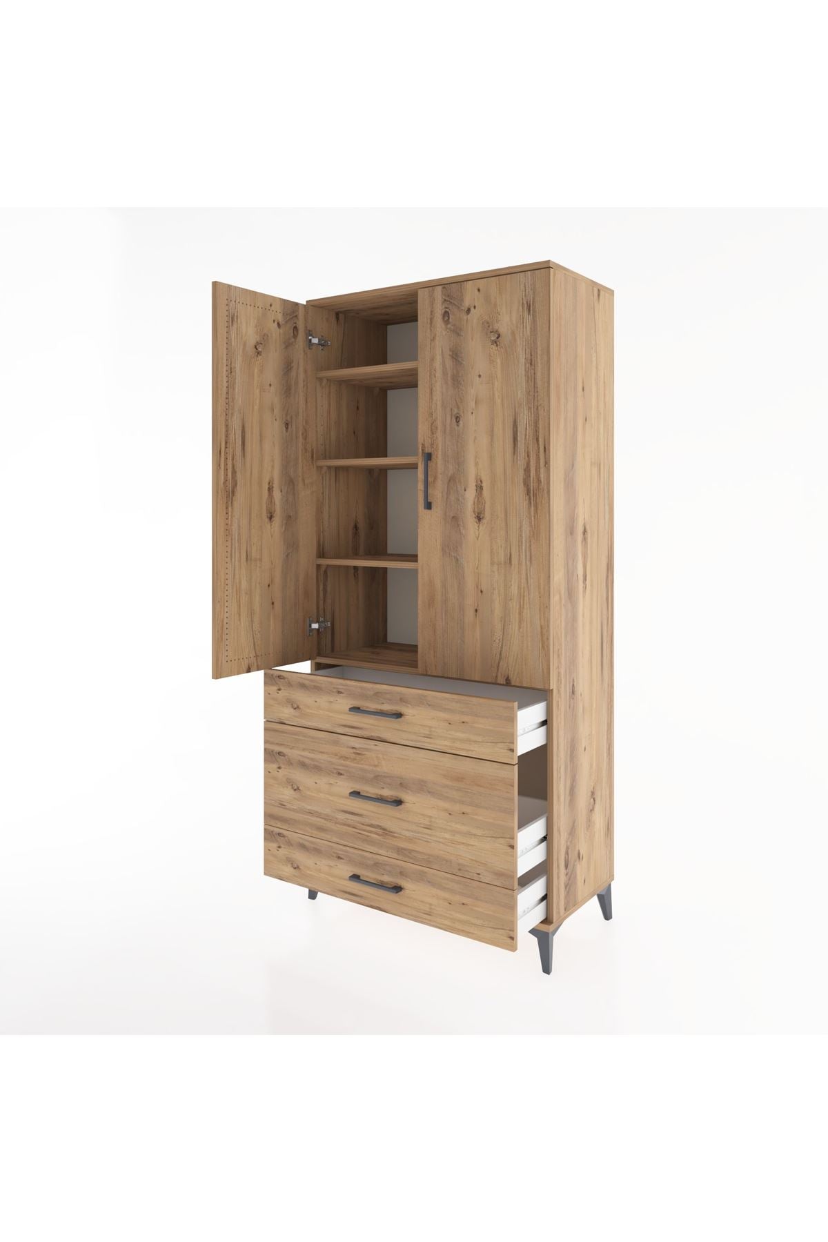 Hyperion Dolap 4 Raflı 3 Çekmeceli 2 Kapaklı 88x44x195 Çam-Çam