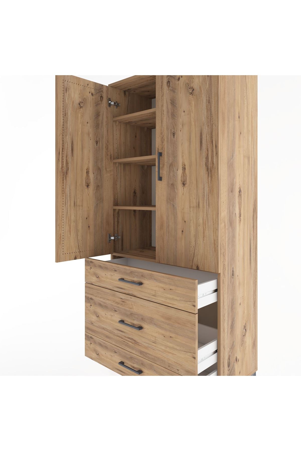 Hyperion Dolap 4 Raflı 3 Çekmeceli 2 Kapaklı 88x44x195 Çam-Çam