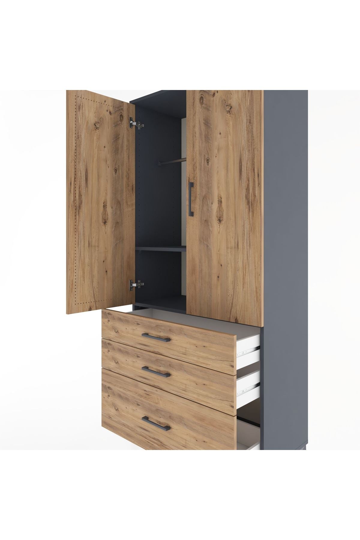 Hyperion Dolap 2 Raflı 3 Çekmeceli Tek Askılı 88x44x195 Antrasit-Çam