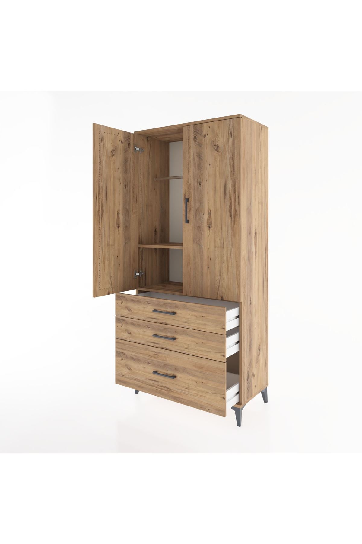 Hyperion Dolap 2 Raflı 3 Çekmeceli Tek Askılı 88x44x195 Çam-Çam