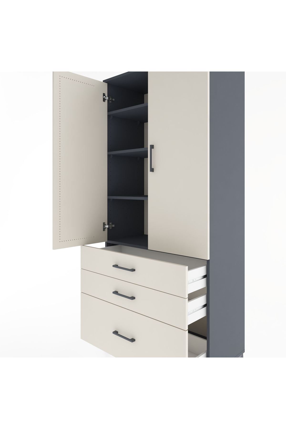 Hyperion Dolap 4 Raflı 3 Çekmeceli 2 Kapaklı 88x44x195 Antrasit-Aytaşı