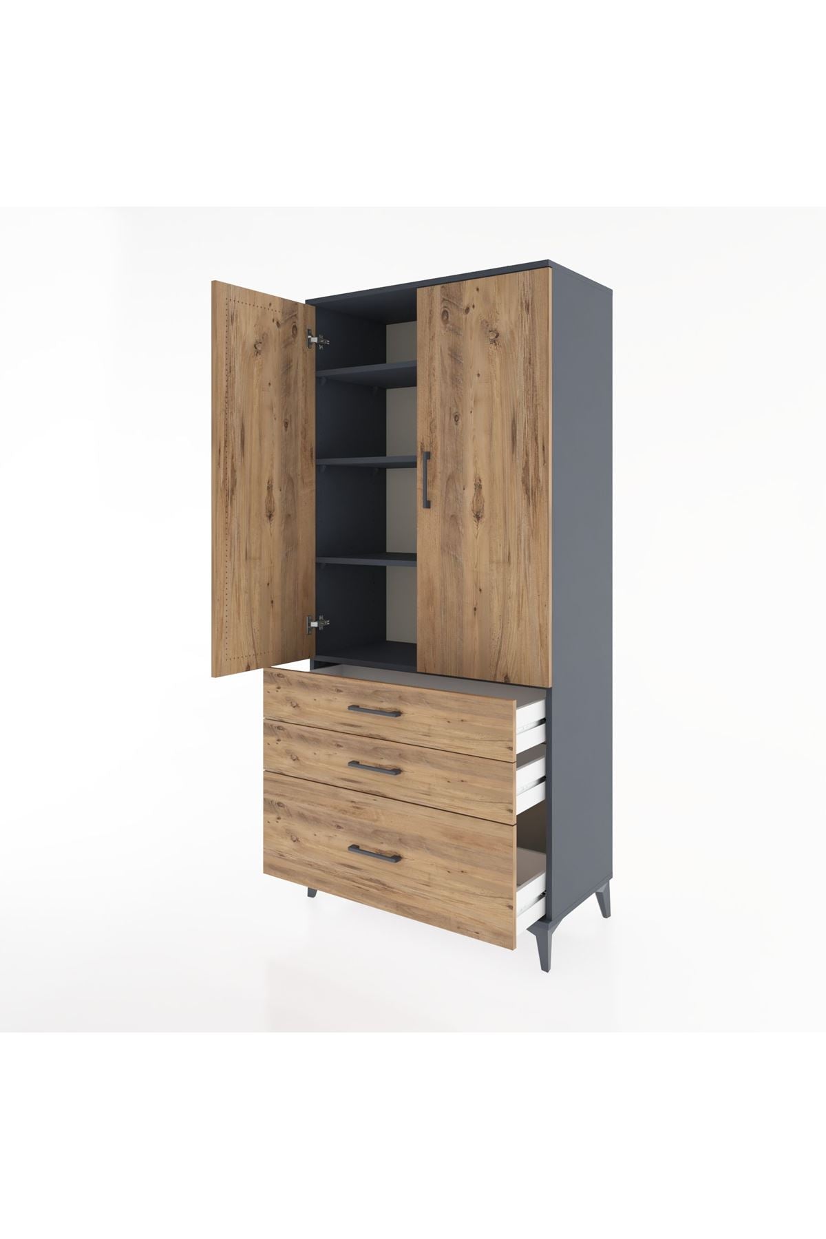 Hyperion Dolap 4 Raflı 3 Çekmeceli 2 Kapaklı 88x44x195 Antrasit-Çam