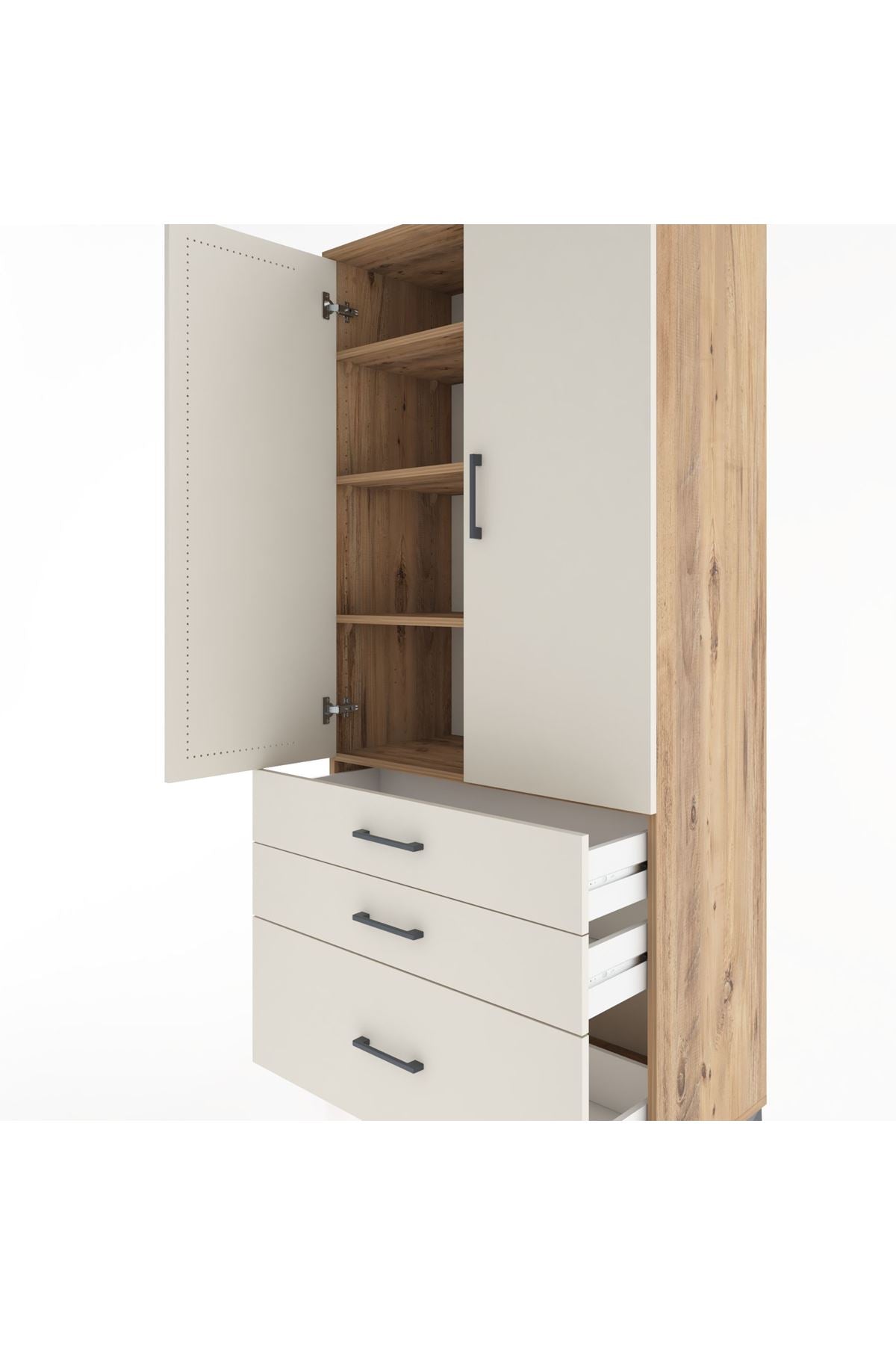 Hyperion Dolap 4 Raflı 3 Çekmeceli 2 Kapaklı 88x44x195 Çam-Aytaşı